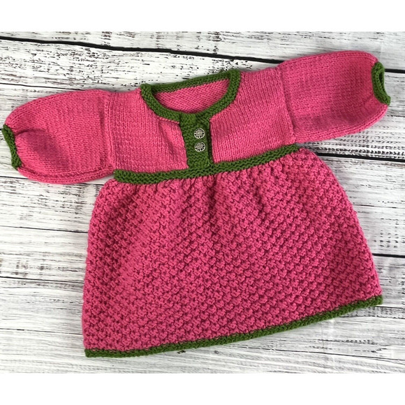 Vintage Sweater Crochet Little Girls Dress size 2-3 years Pink Green - Picture 1 of 10
